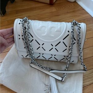 Tory Burch Fleming Diamond Perforated Convertible Shoulder Bag in Ivory leather